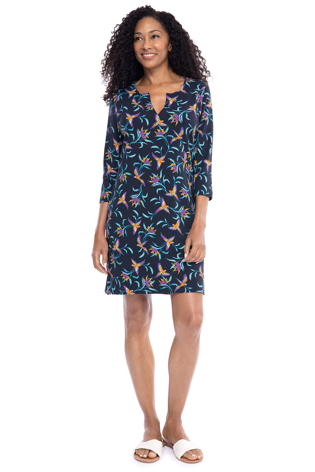 Women's Oceanside Tunic Dress with 3/4 Sleeve | Navy Birds of Paradise