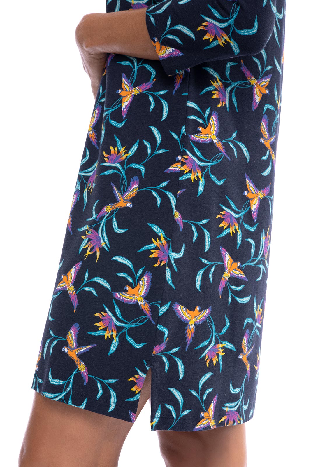 Women's Oceanside Tunic Dress with 3/4 Sleeve | Navy Birds of Paradise