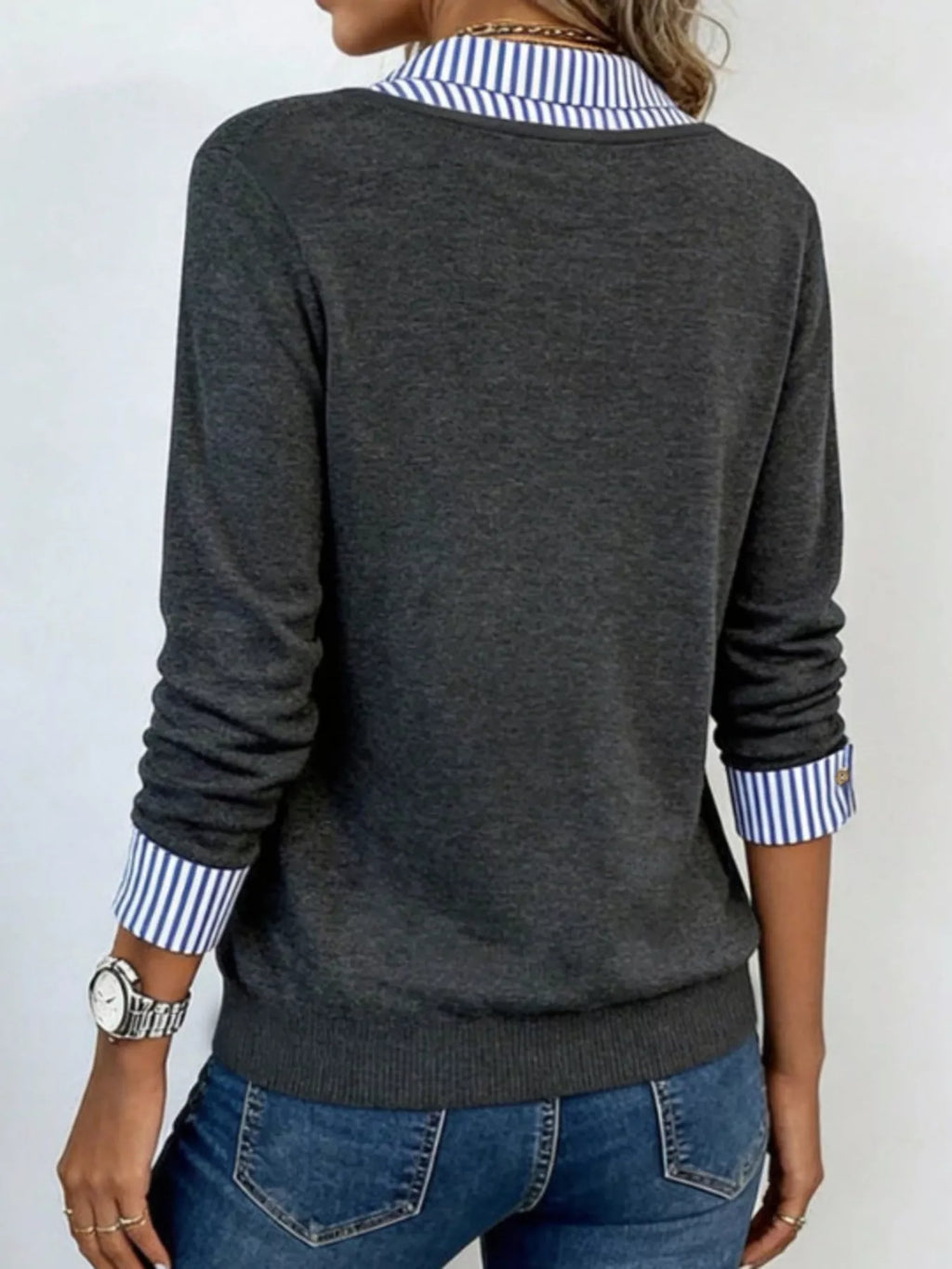 Layered Look Striped Collar Long Sleeve Top
