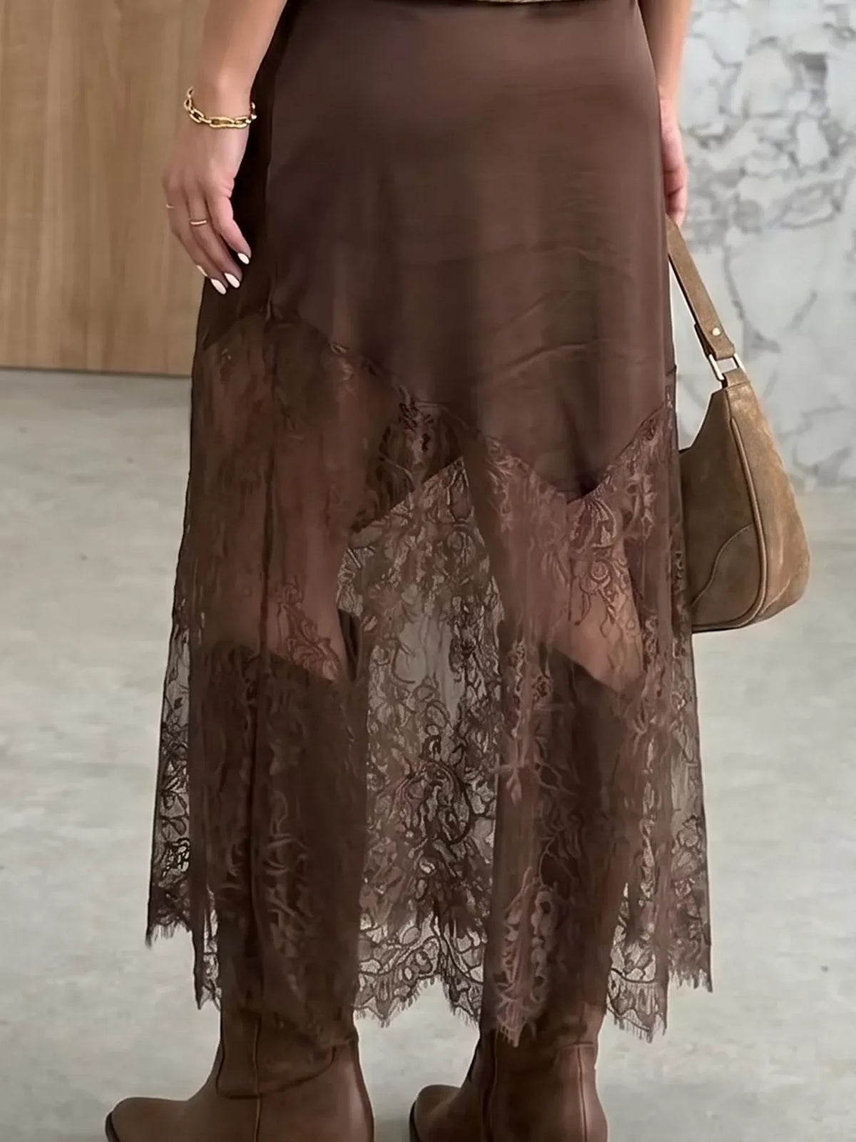 Lace Patchwork Hem Long Casual Shift Skirt