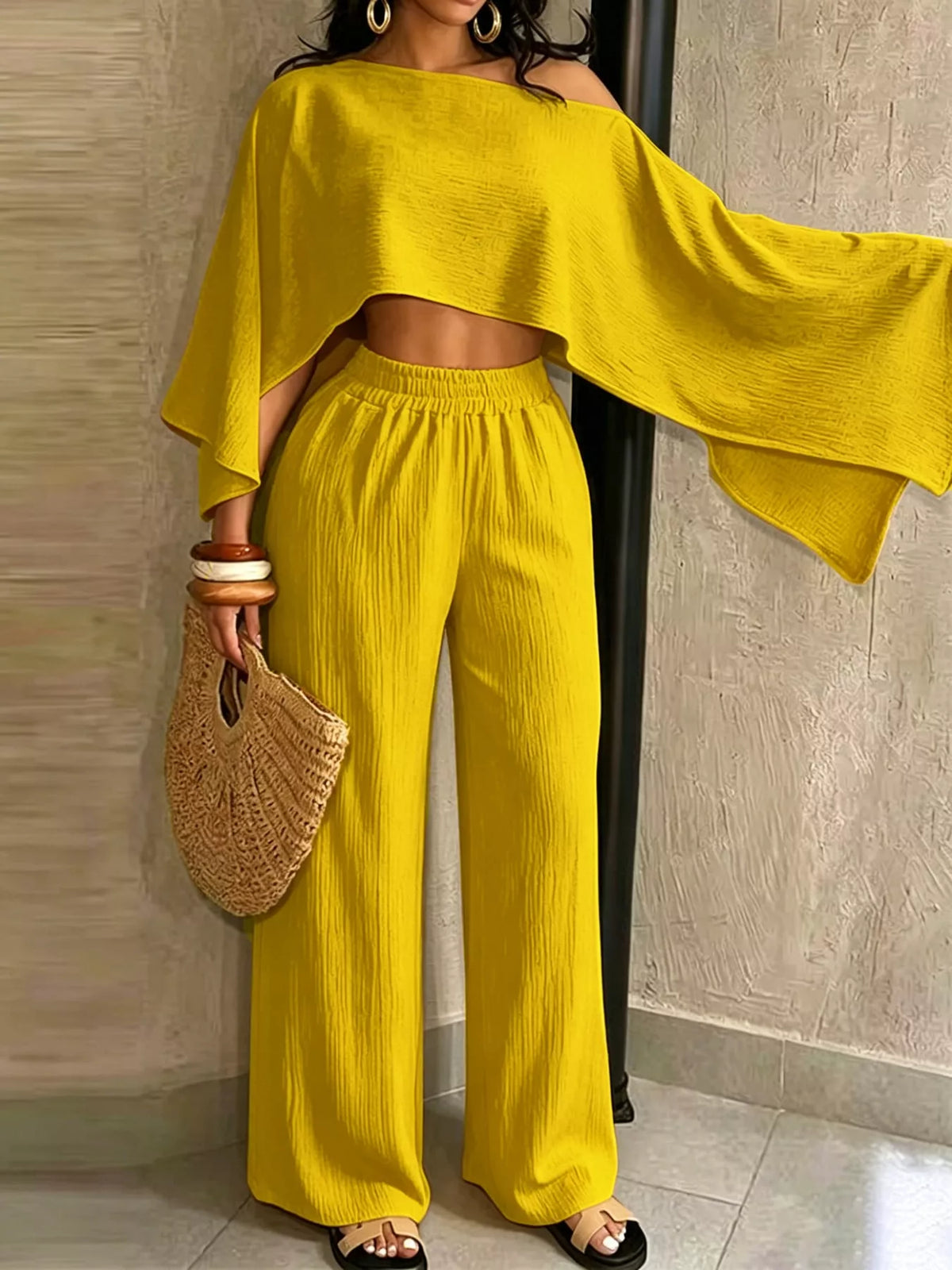 Boat Neck Crop Top and Wide-Leg Pants Set