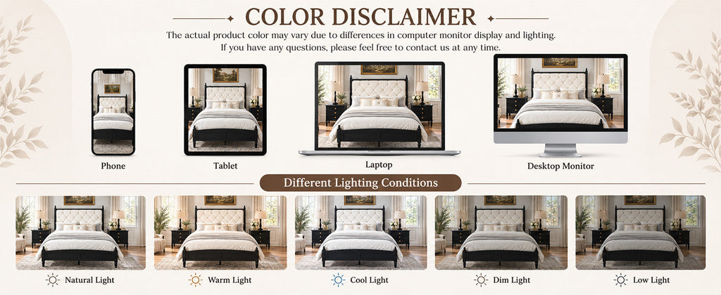 King Size Upholstered Platform Bed Frame with Soft Padded Headboard - Beige and Black