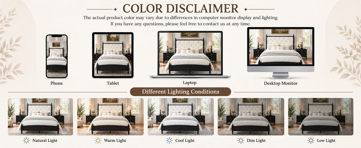King Size Upholstered Platform Bed Frame with Soft Padded Headboard - Beige and Black