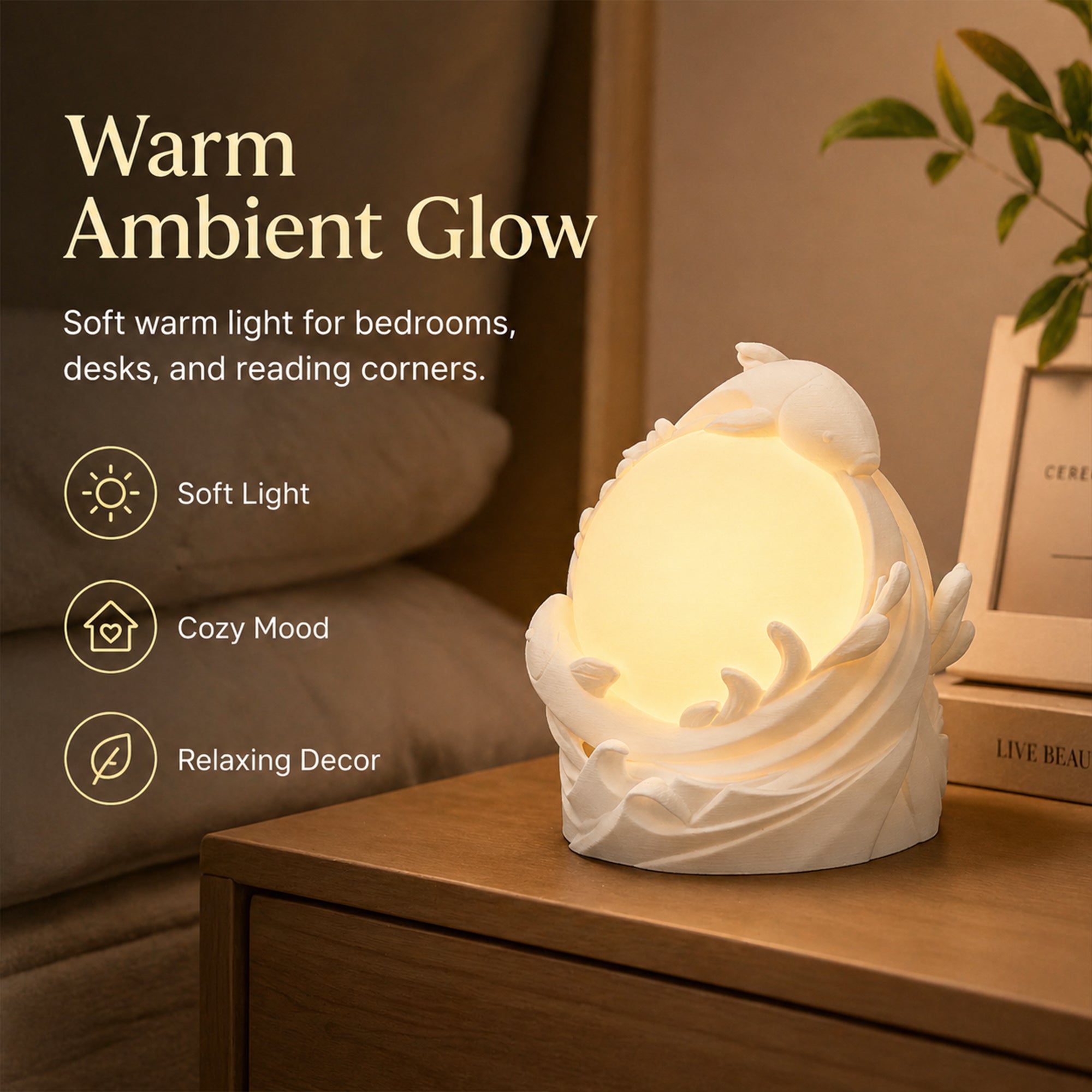 3D Printed Koi Fish Ambient Table Lamp, Warm Glow Sculptural Night Light, Nature Inspired Decorative Desk Lamp For Bedroom, Bookshelf, Office And Home Decor