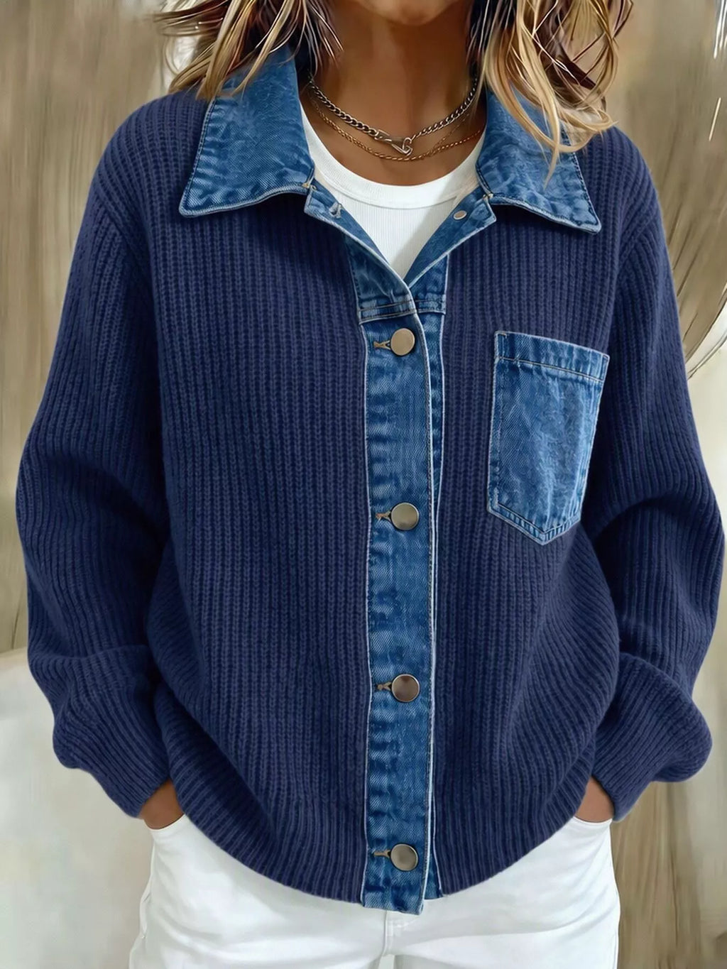 Denim Trim Button Up Cardigan