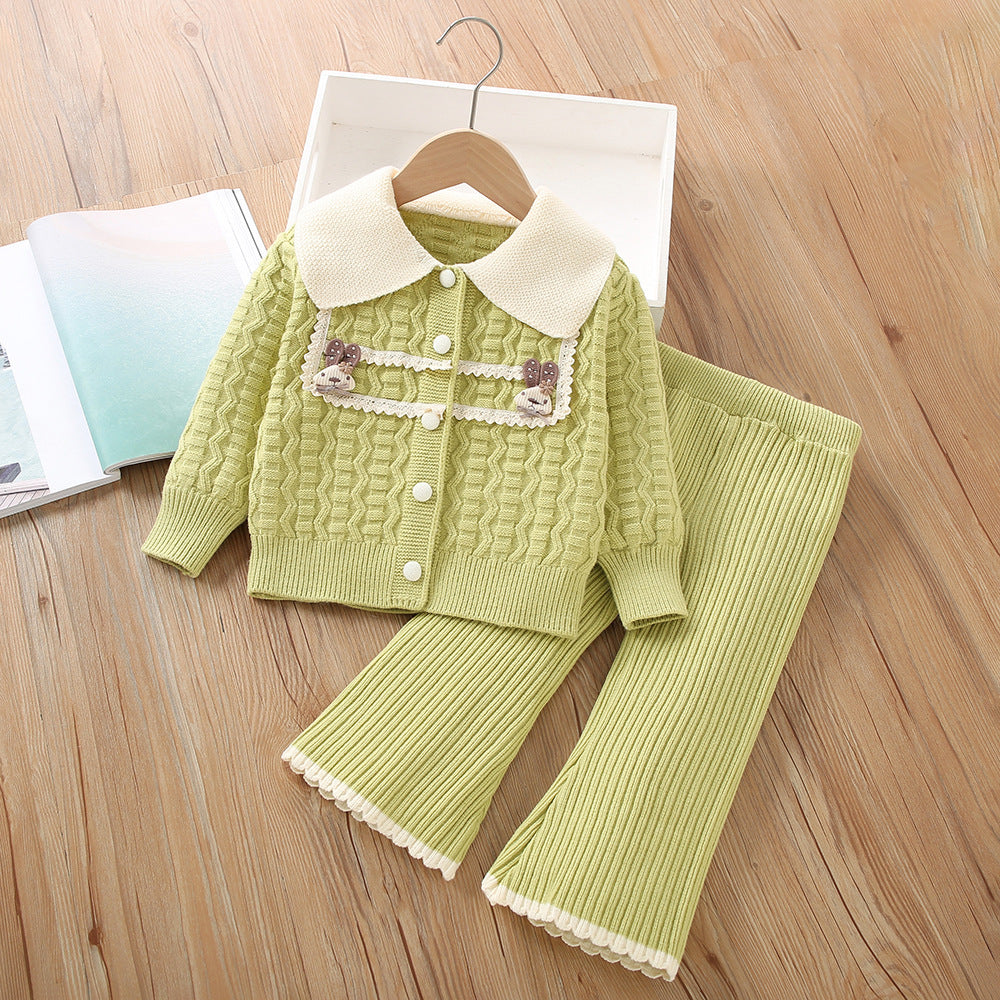 Western-style Knitted Cardigan And Trousers Two-piece Set For Baby Girls