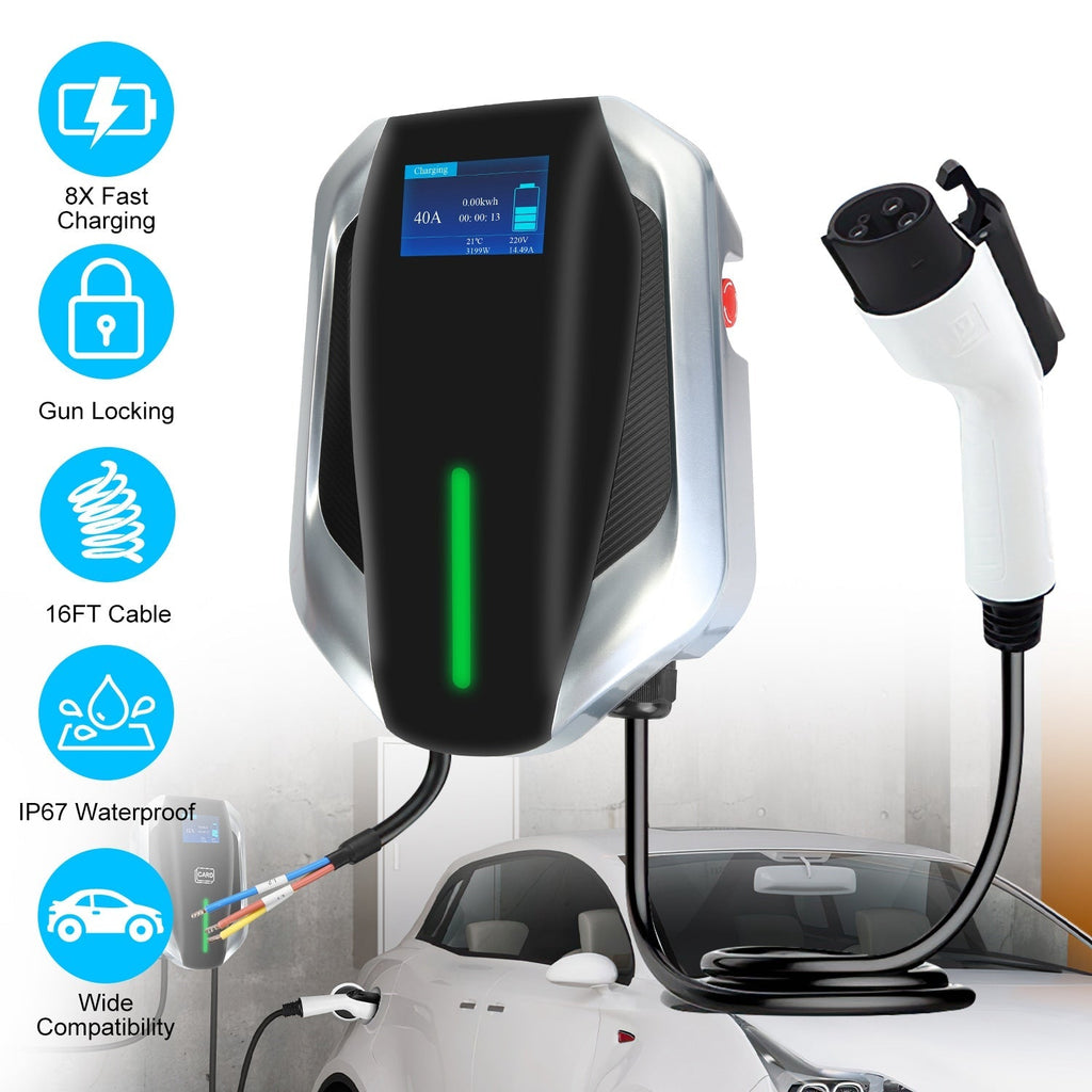 Level 2 Electric Vehicle Charger EV Wall Charger Car Charging Station with 2 Swipecards Digital Display Gun Locking for Home Garage