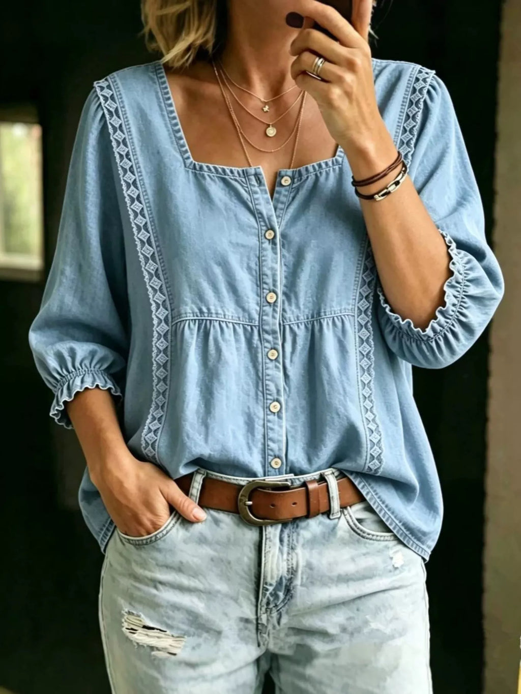 Full Size Square Neck Button-Down Denim Shirt Plus Size
