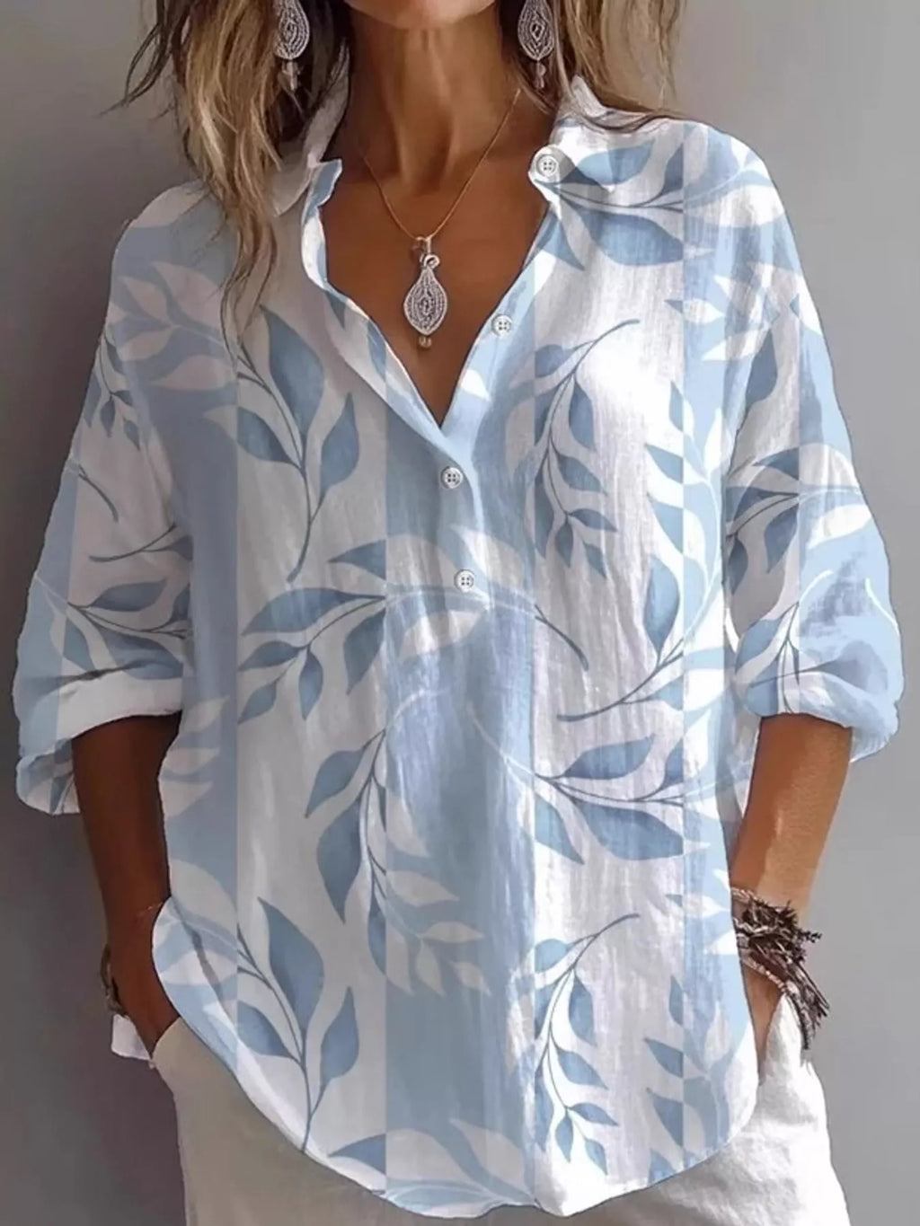 Leaf Print Long Sleeve Blouse