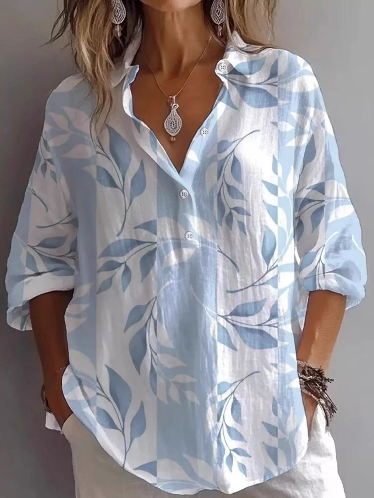 Leaf Print Long Sleeve Blouse
