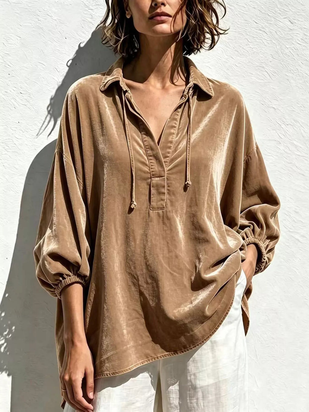 Full Size Oversized Velvet Collared Neck Drawstring Blouse Plus Size