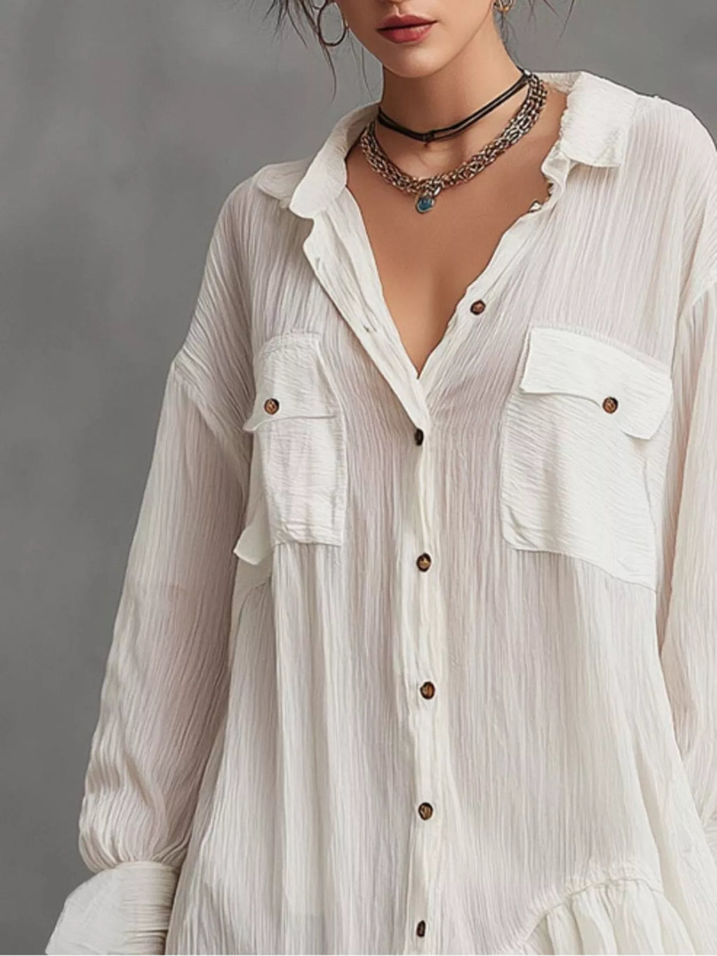 Full Size Button-Down Ruffle Hem Shirt Dress Plus Size
