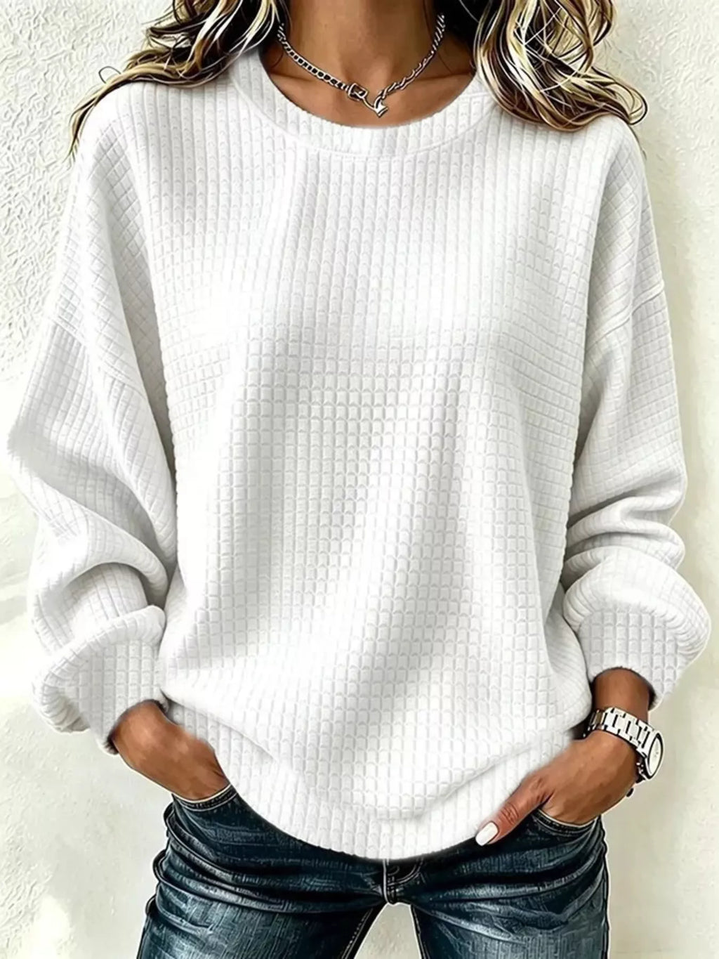 Full Size Textured Crew Neck Long Sleeve Sweatshirt Plus Size