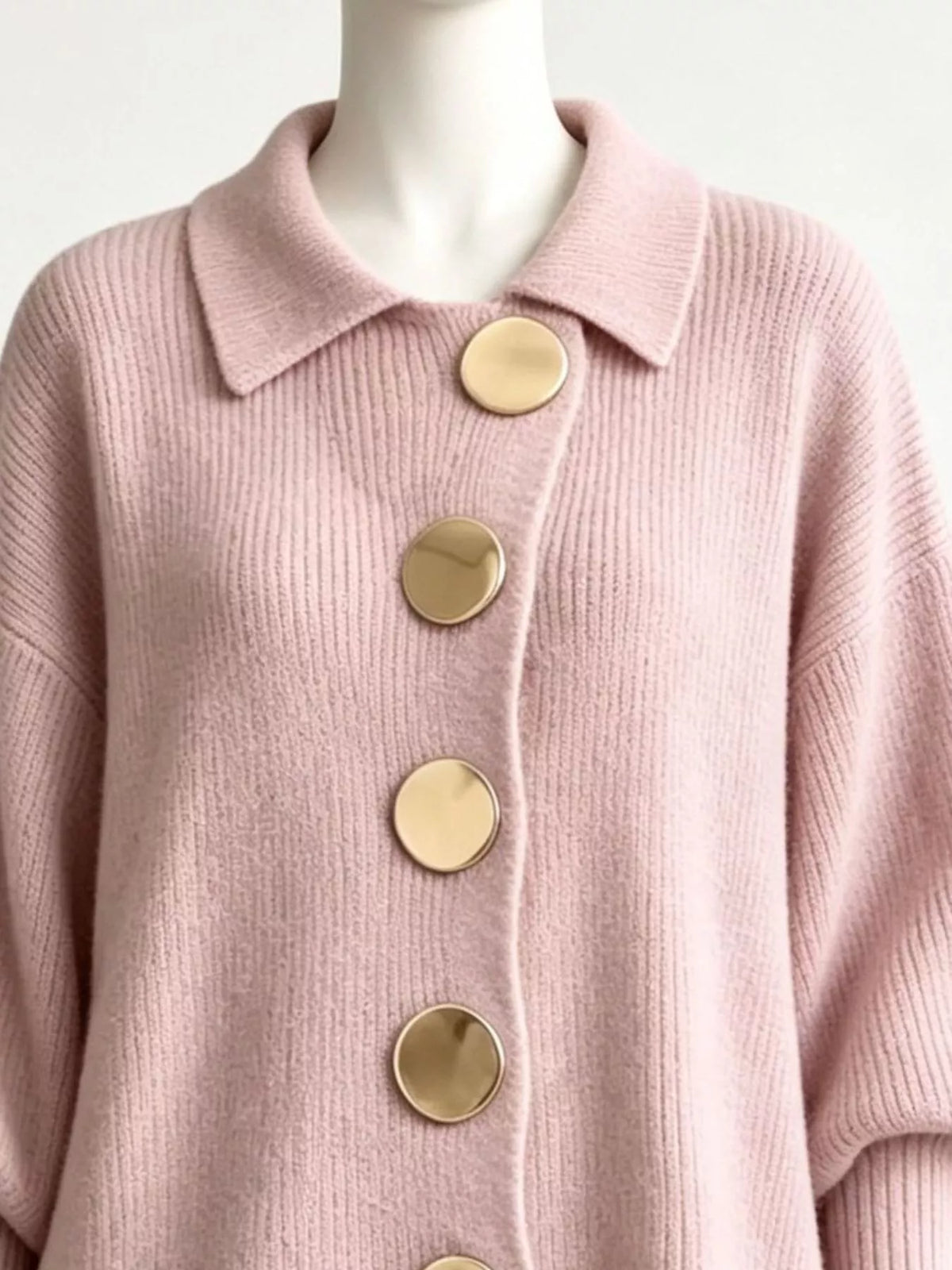 Full Size Collared Wavy Hem Knit Cardigan with Metal Button Plus Size