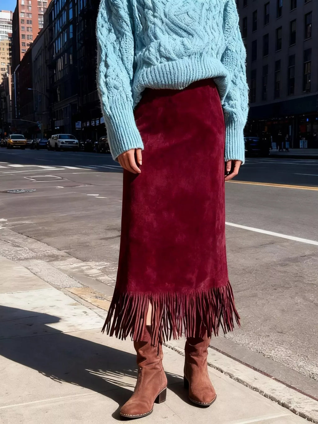 High-Waisted Suede Fringe Midi Skirt