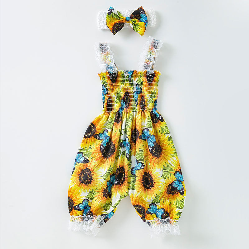 Infant And Toddler Clothing Suspender Top With Waist Tie, Printed Bloomers, Two-piece Set