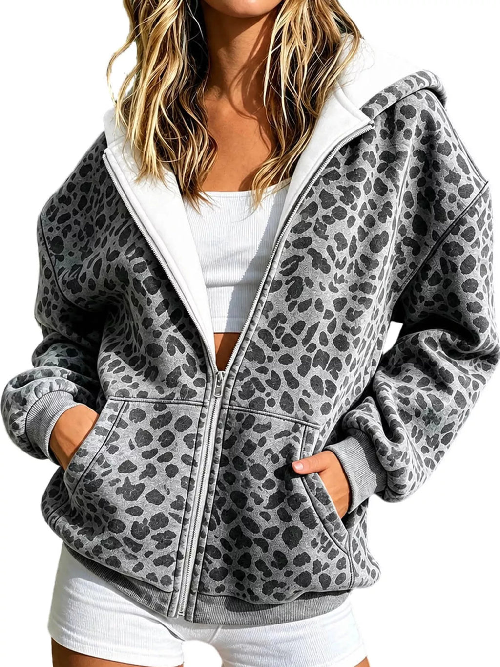 Full Size Leopard Zip Up Hoodie Plus Size
