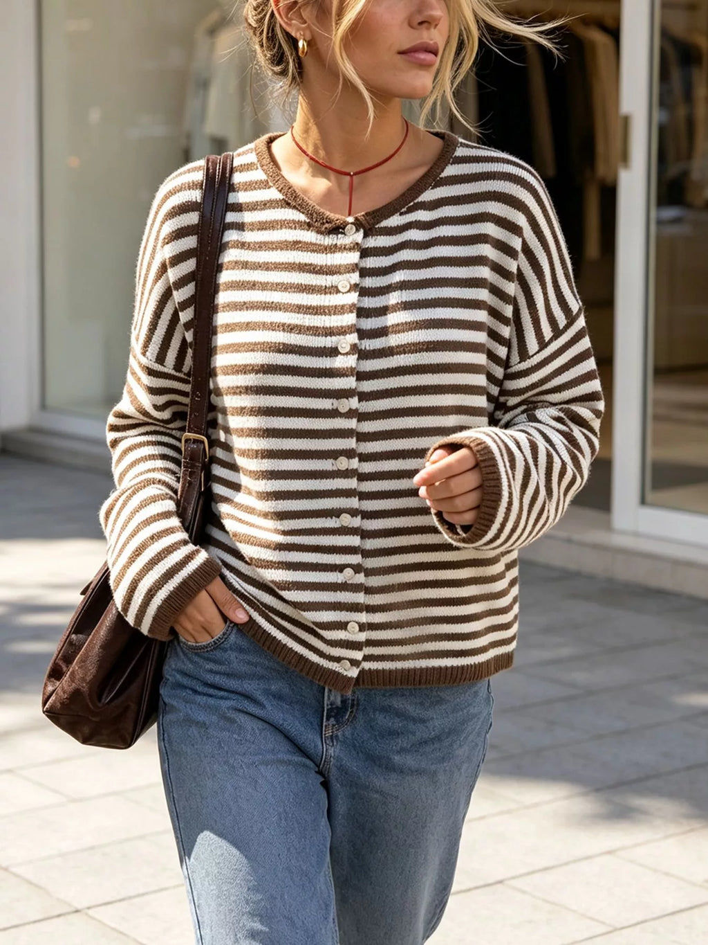 Striped Button-Down Knit Cardigan