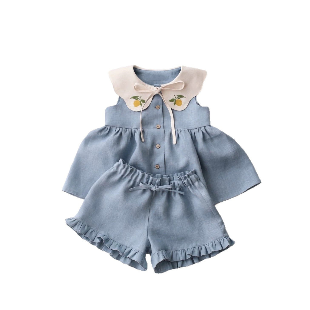 Childrens Sleeveless Embroidered-Neck Top And Shorts Two-Piece Set