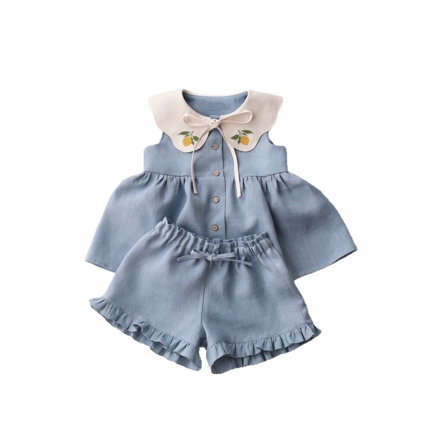 Childrens Sleeveless Embroidered-Neck Top And Shorts Two-Piece Set