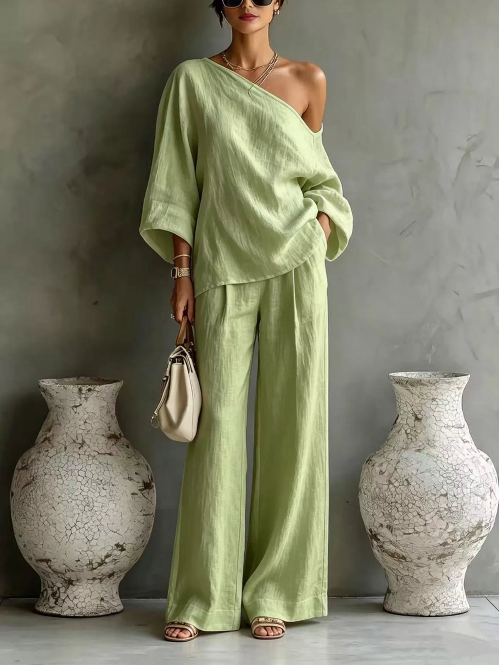 One Shoulder Top and Wide Leg Pants Set
