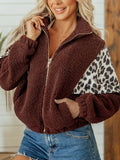 Leopard Patchwork Fleece Western Style Zip-up Collar Jacket