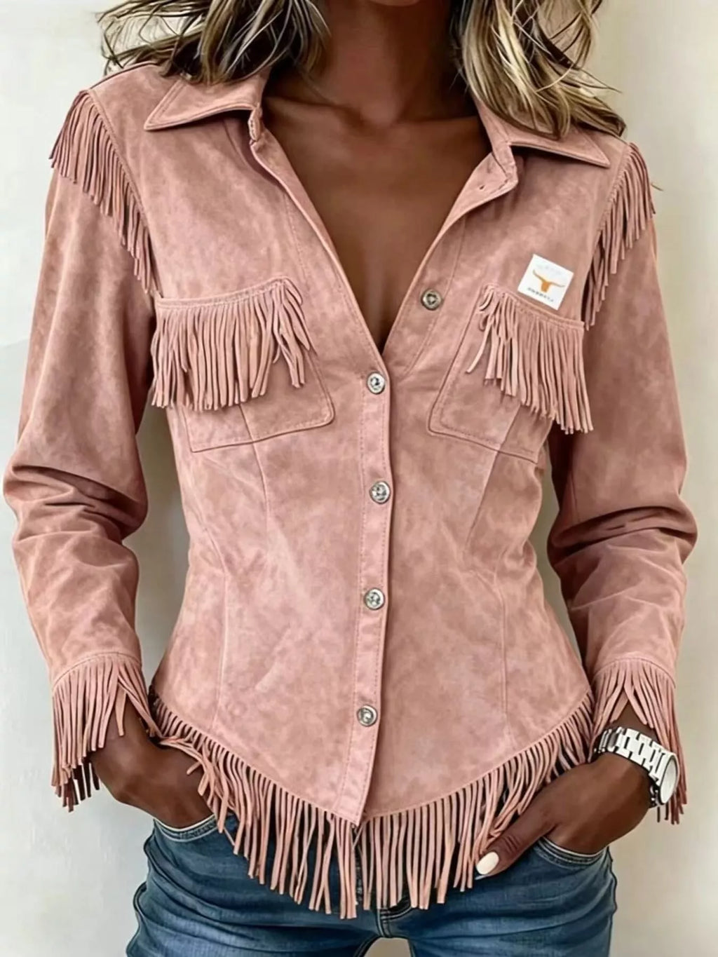Full Size Fringed Snap Down Jacket Plus Size