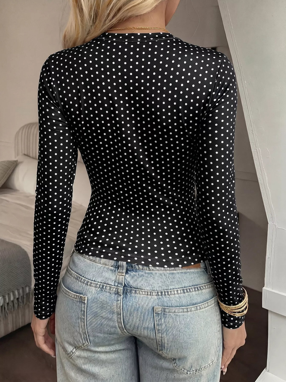 Long Sleeve Polka Dot Slim Fit T-Shirt