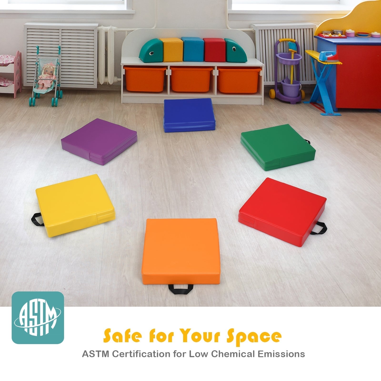 6 Pieces 15 Inches Square Toddler Floor Cushions Flexible Soft Foam Seating with Handles
