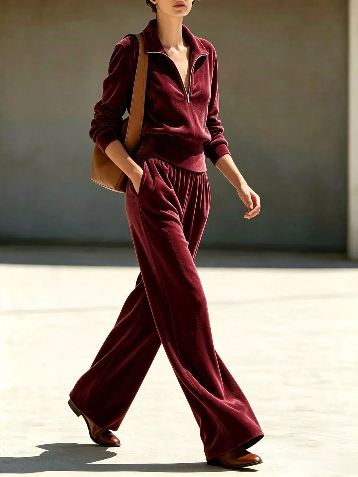 Full Size Half Zip Sweatshirt and Wide-Leg Pants Set Plus Size