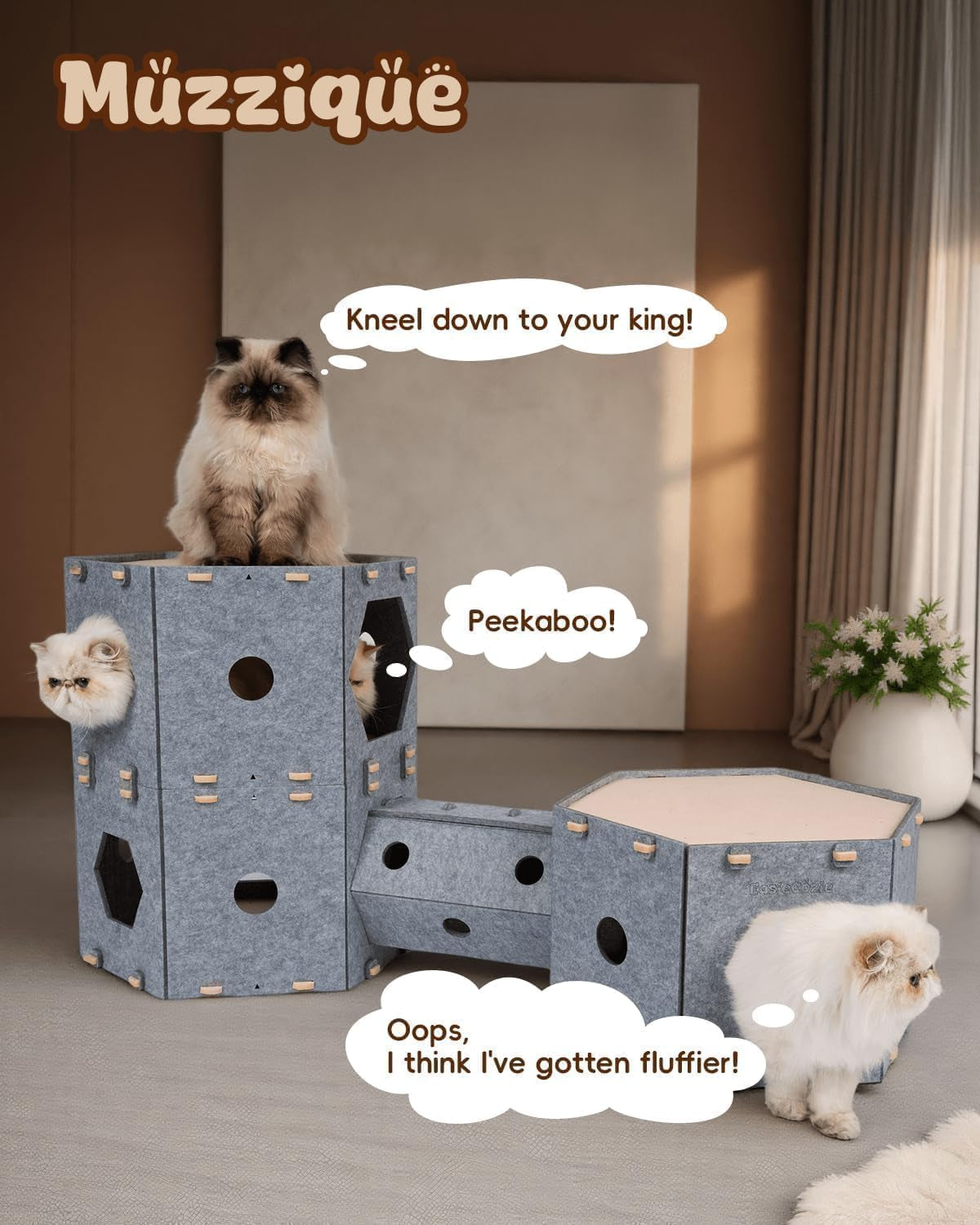Muzzique Modular Felt Cat House & Tunnel Bed with Brush