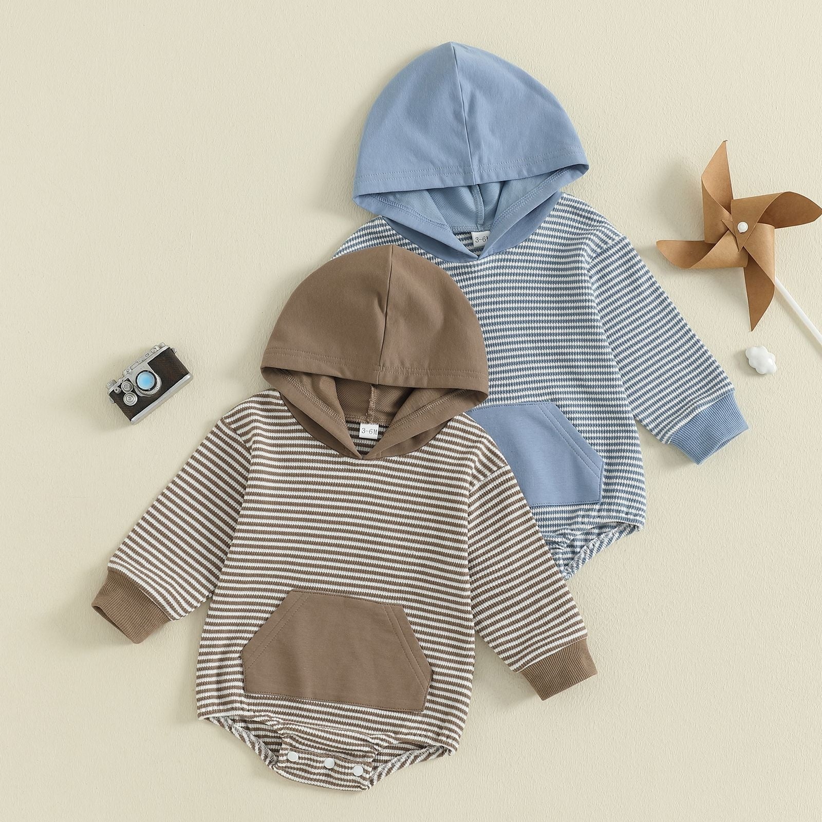Childrens Solid-color Striped Long-sleeve Romper