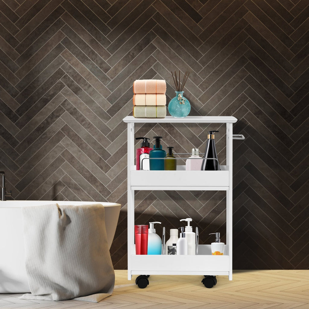Slim Rolling 3-Tier Bathroom Mobile Shelving Cabinet wih Handle