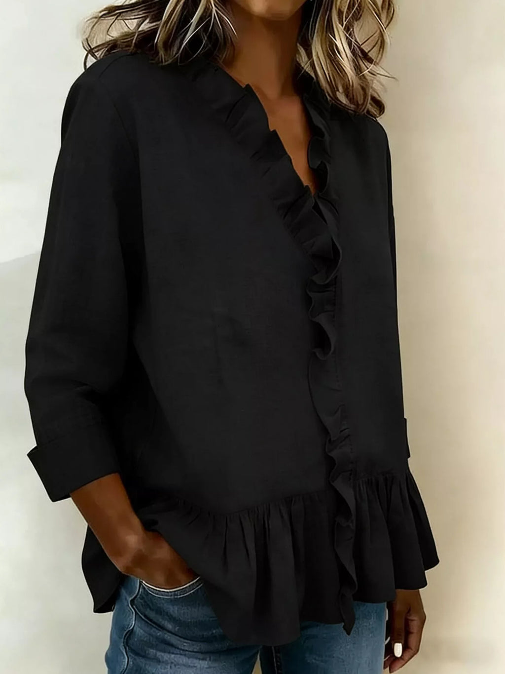 Full Size Ruffled V-Neck Long Sleeve Blouse Plus Size