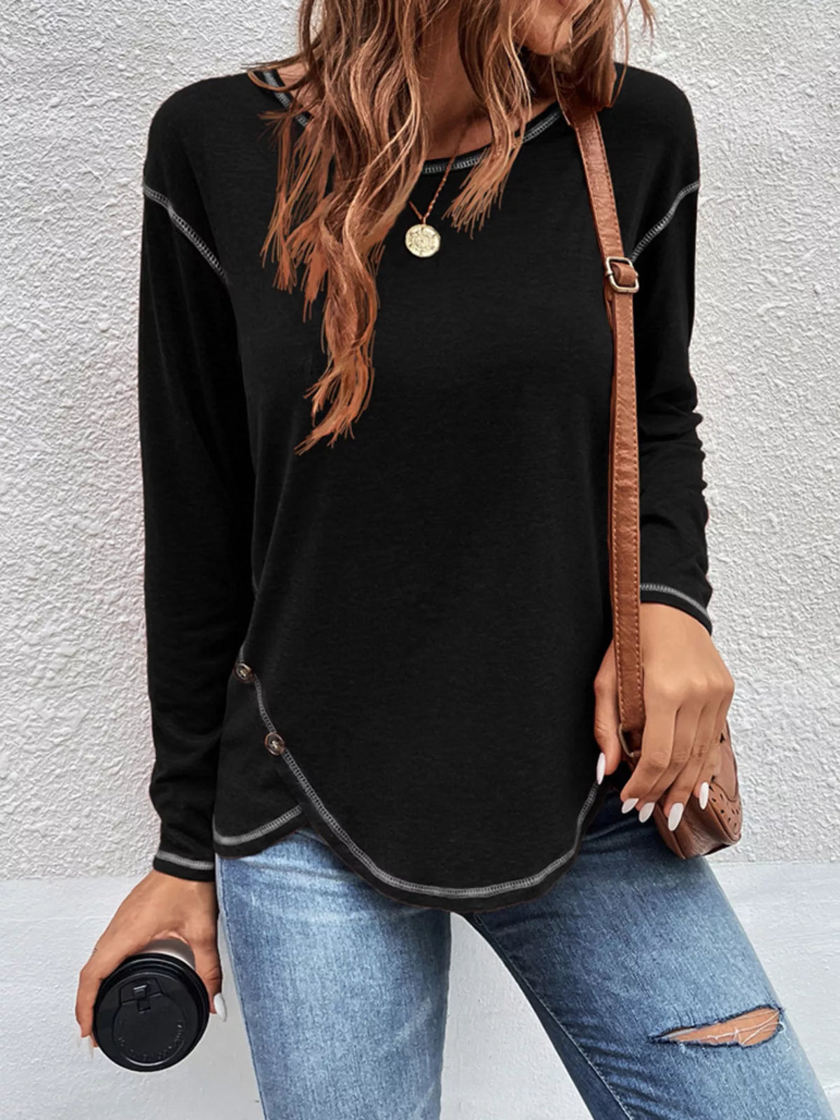 Casual Long Sleeve Exposed Seam T-Shirt with Decor Button