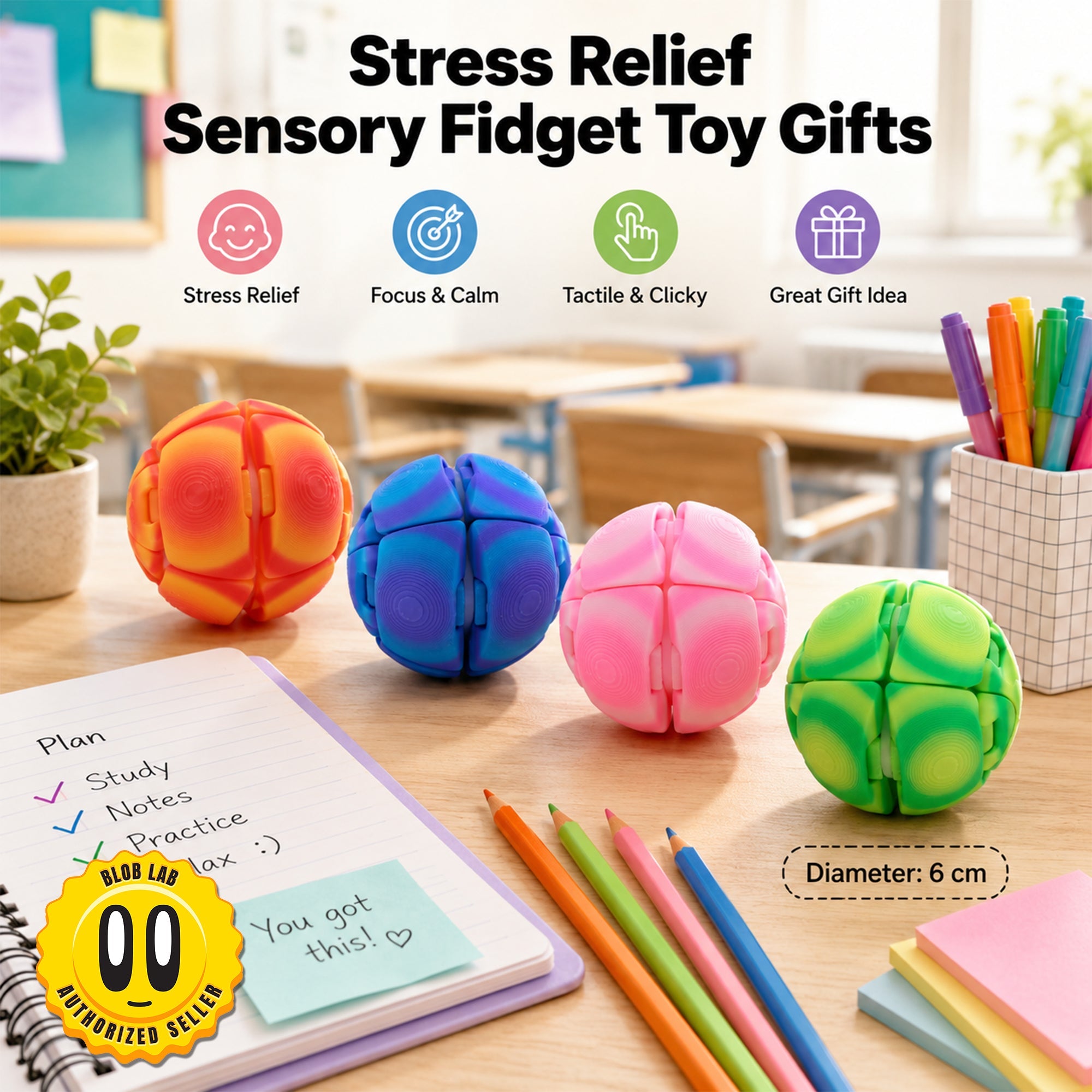 4 Pack Large Fidget Sphere Balls, 6cm 3D Printed Articulated Squeeze Balls, Colorful Tactile Handheld Fidget Set For Office Desk Travel