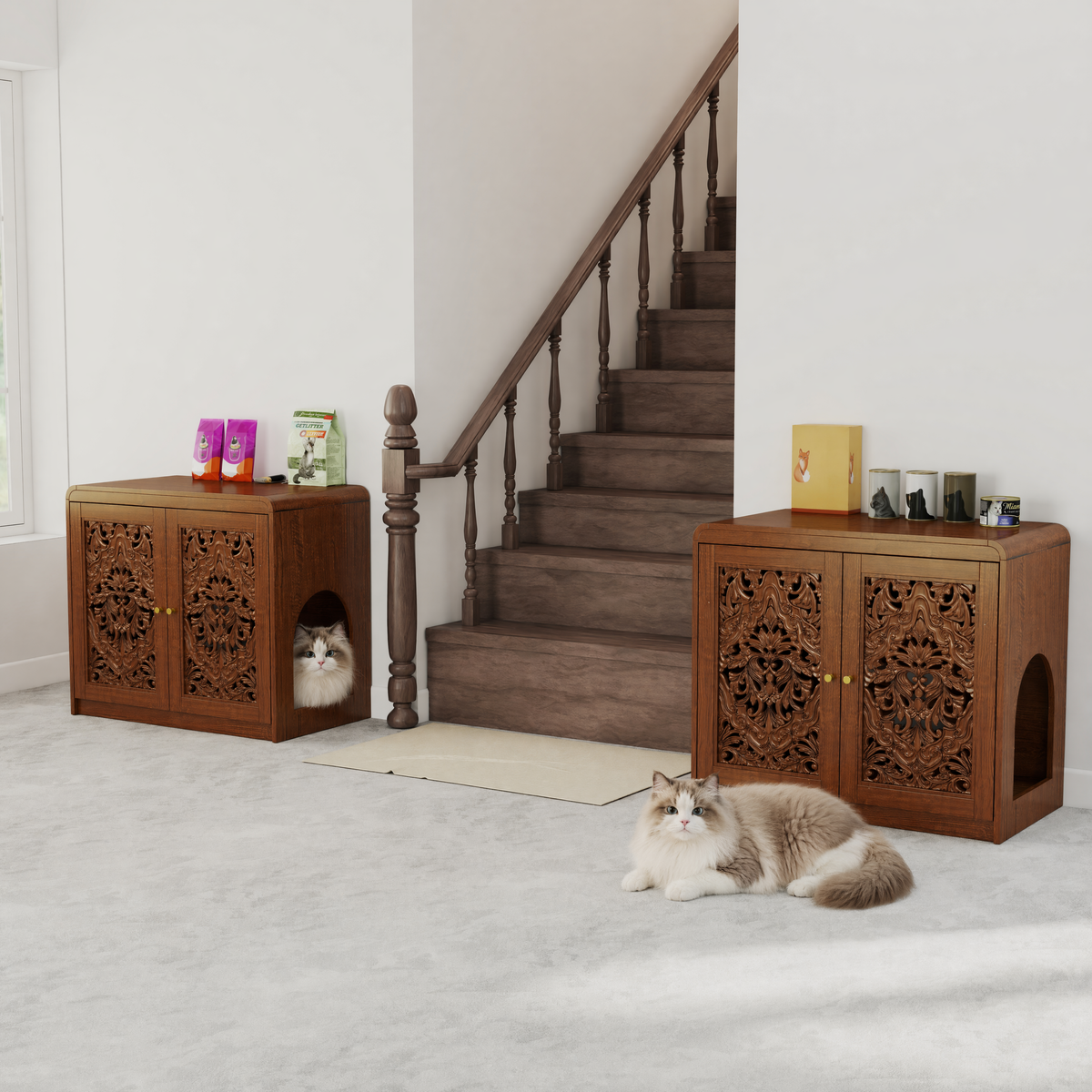 Walnut Cat Litter Box Enclosure Cabinet with Vent & Carved Doors - Walnut