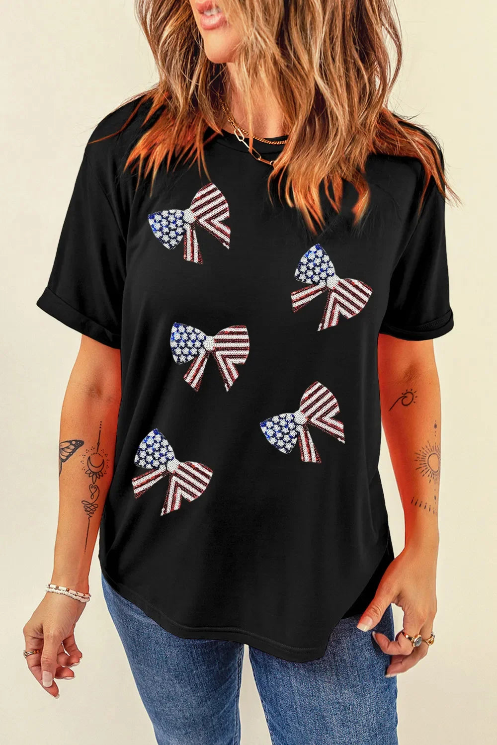 Sequin US Flag Round Neck Short Sleeve T-Shirt