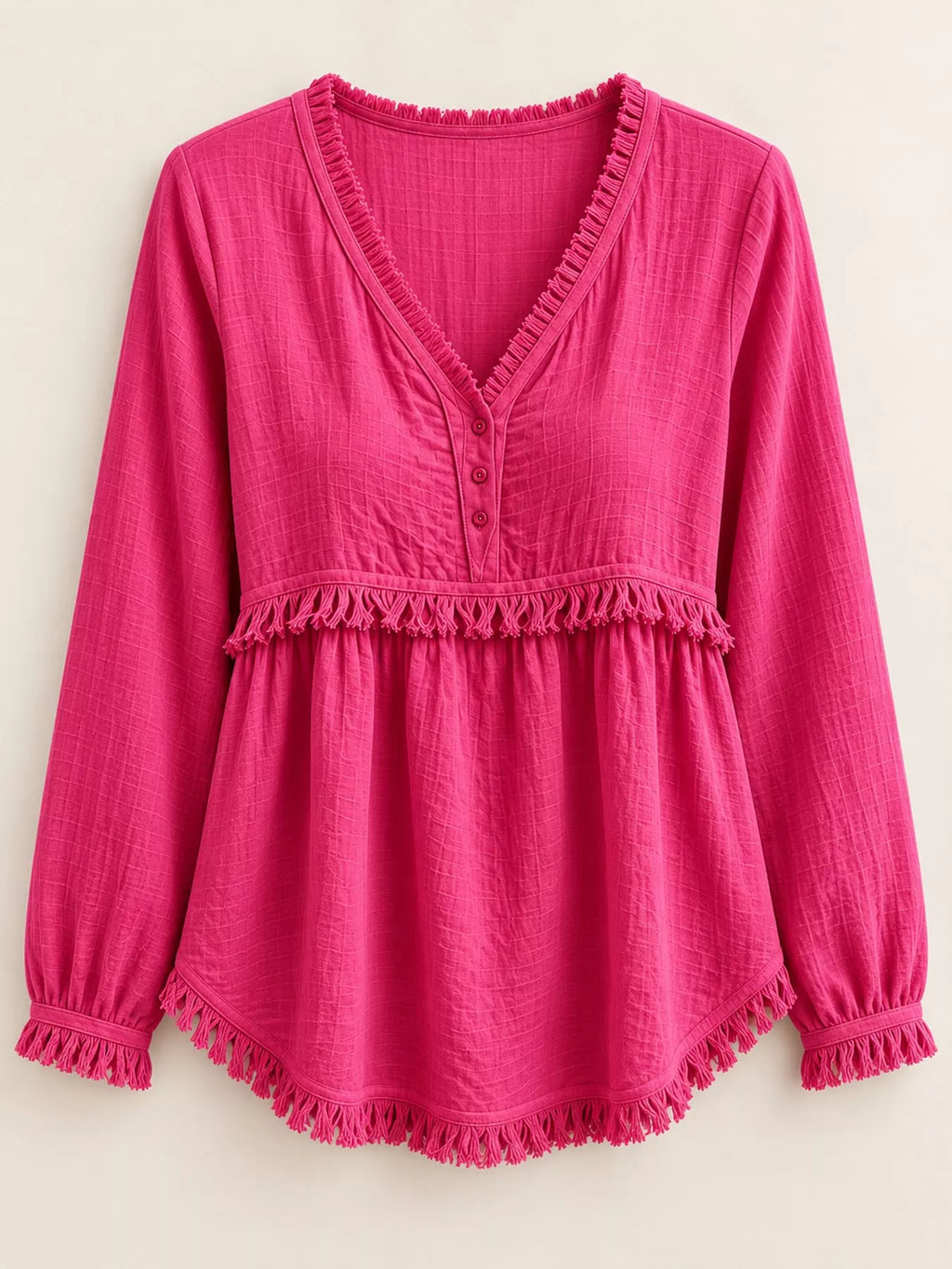 Full Size Fringed Trim V-Neck Long Sleeve Blouse Plus Size