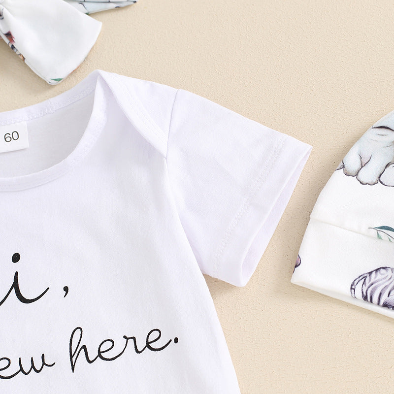 Letter-print Short-sleeve Romper Long Pants Hat And Headband Four-piece Set