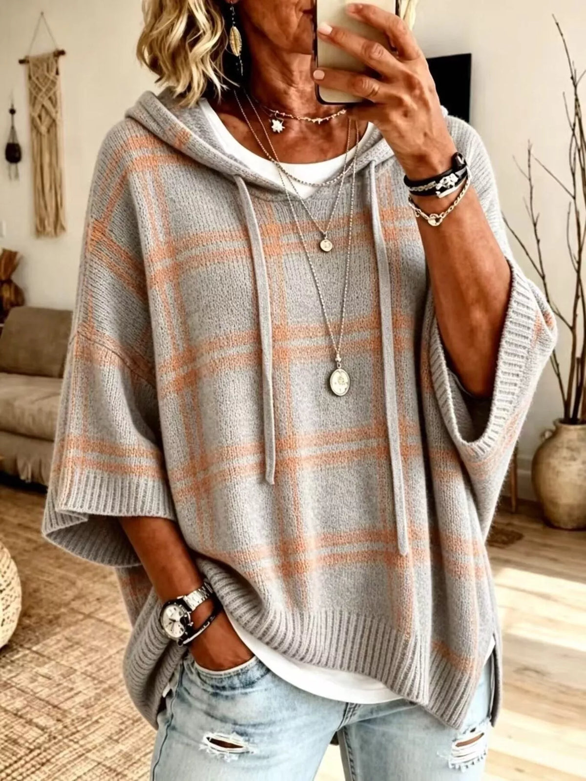 Full Size Drawstring Plaid Hooded Sweater Plus Size