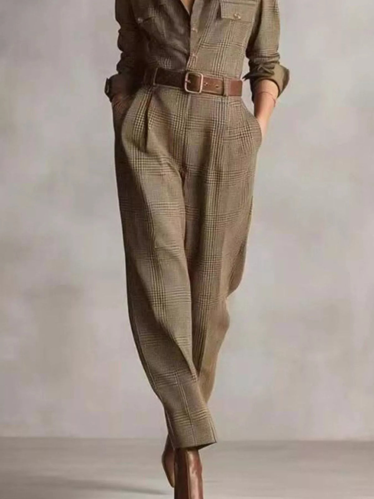 Plaid Long Sleeve Button Front Jumpsuit