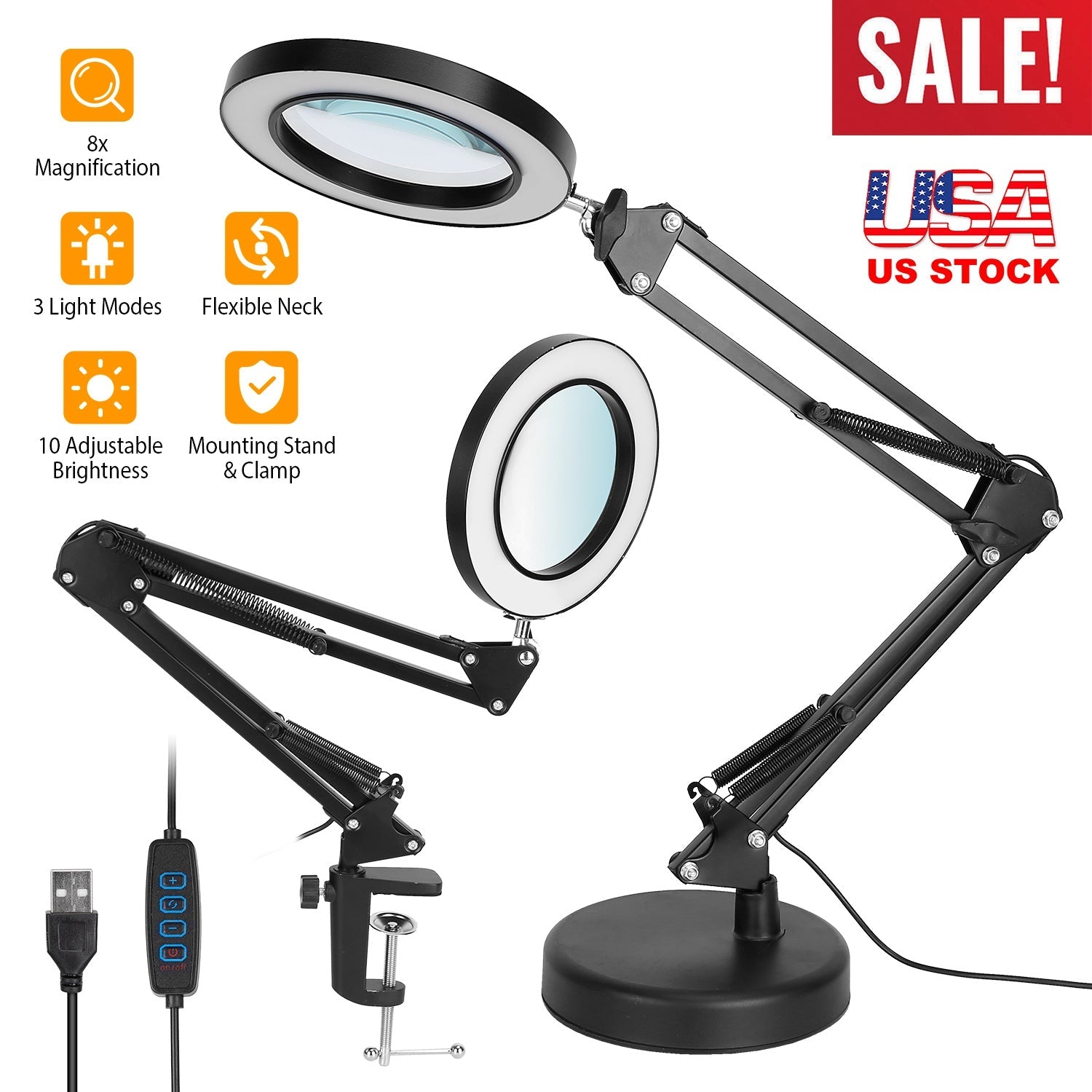 Magnifier Desk Lamp with Adjustable Arm Clamp