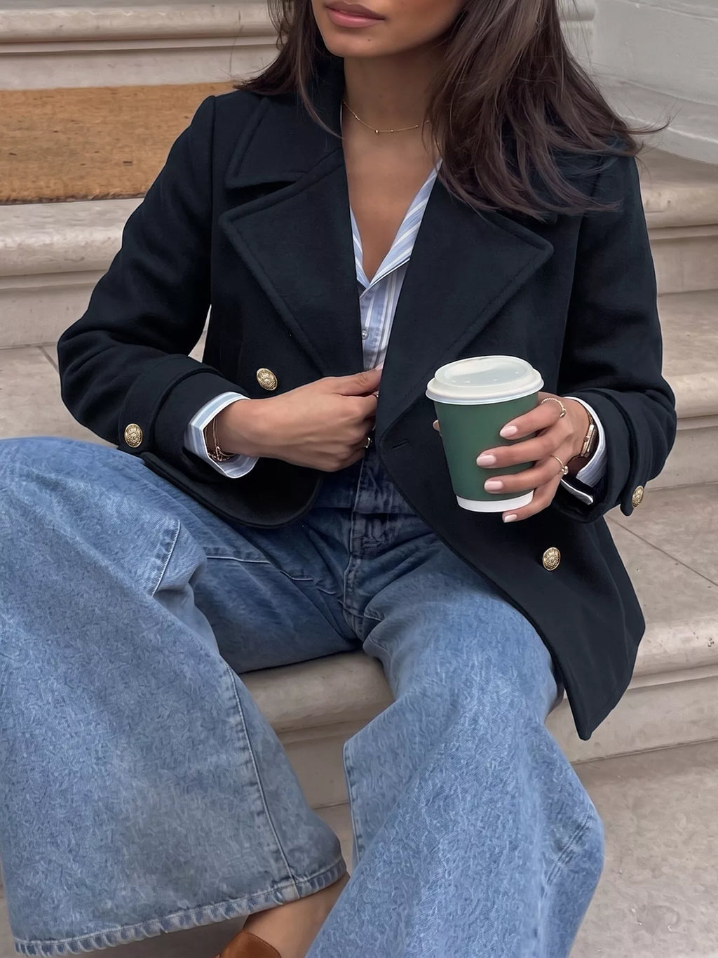 Double-Breasted Gold Button Blazer