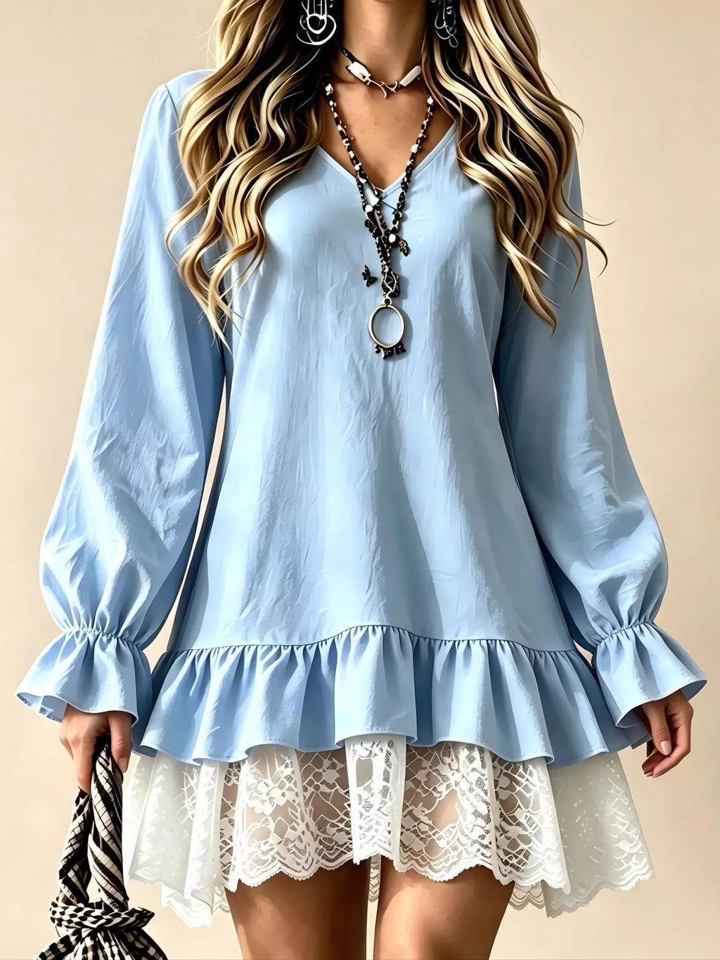 Lace Hem V-Neck Flounce Sleeve Dress