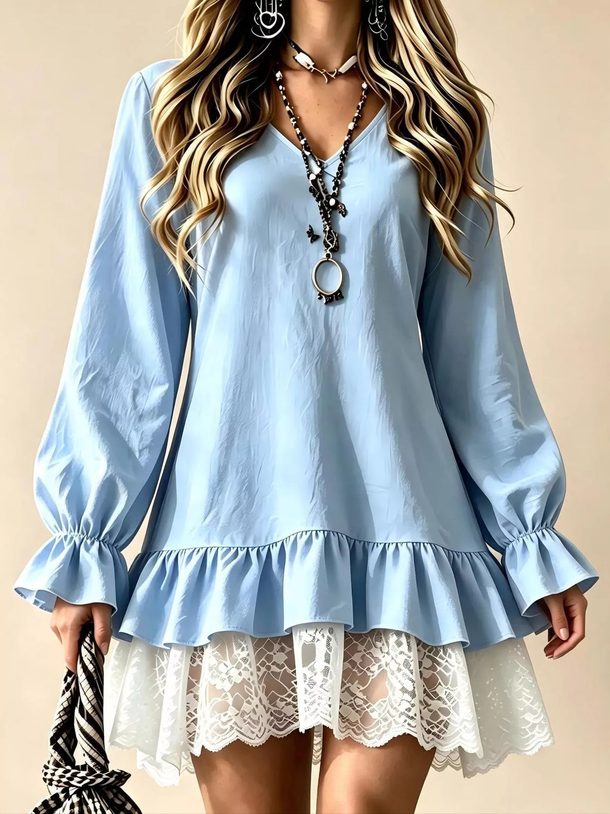 Lace Hem V-Neck Flounce Sleeve Dress