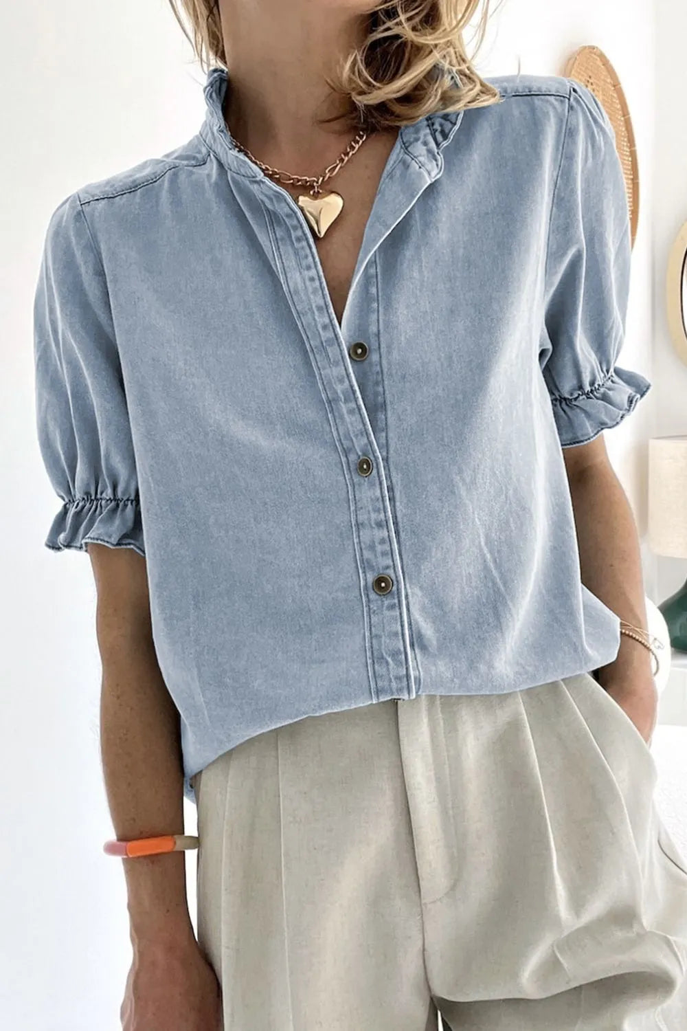 Ruffle Short Puff Sleeve Button Down Denim Shirt