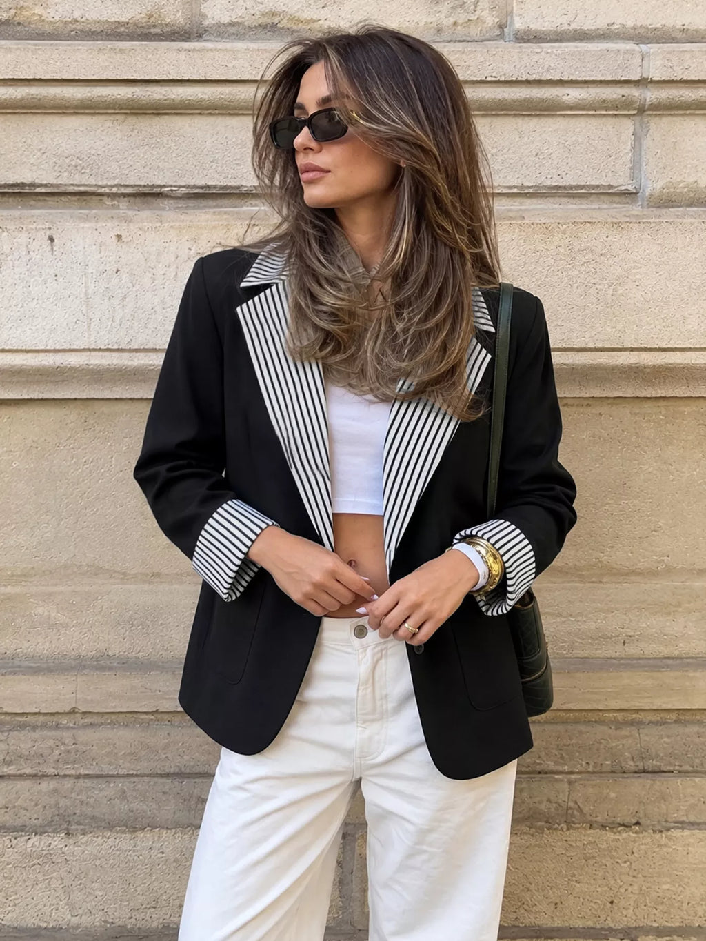 Contrast Striped Lapel Collar Blazer