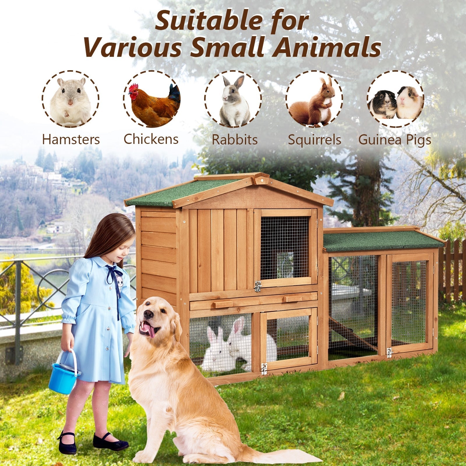 58 Inch Weatherproof Wooden Rabbit Hutch-Brown