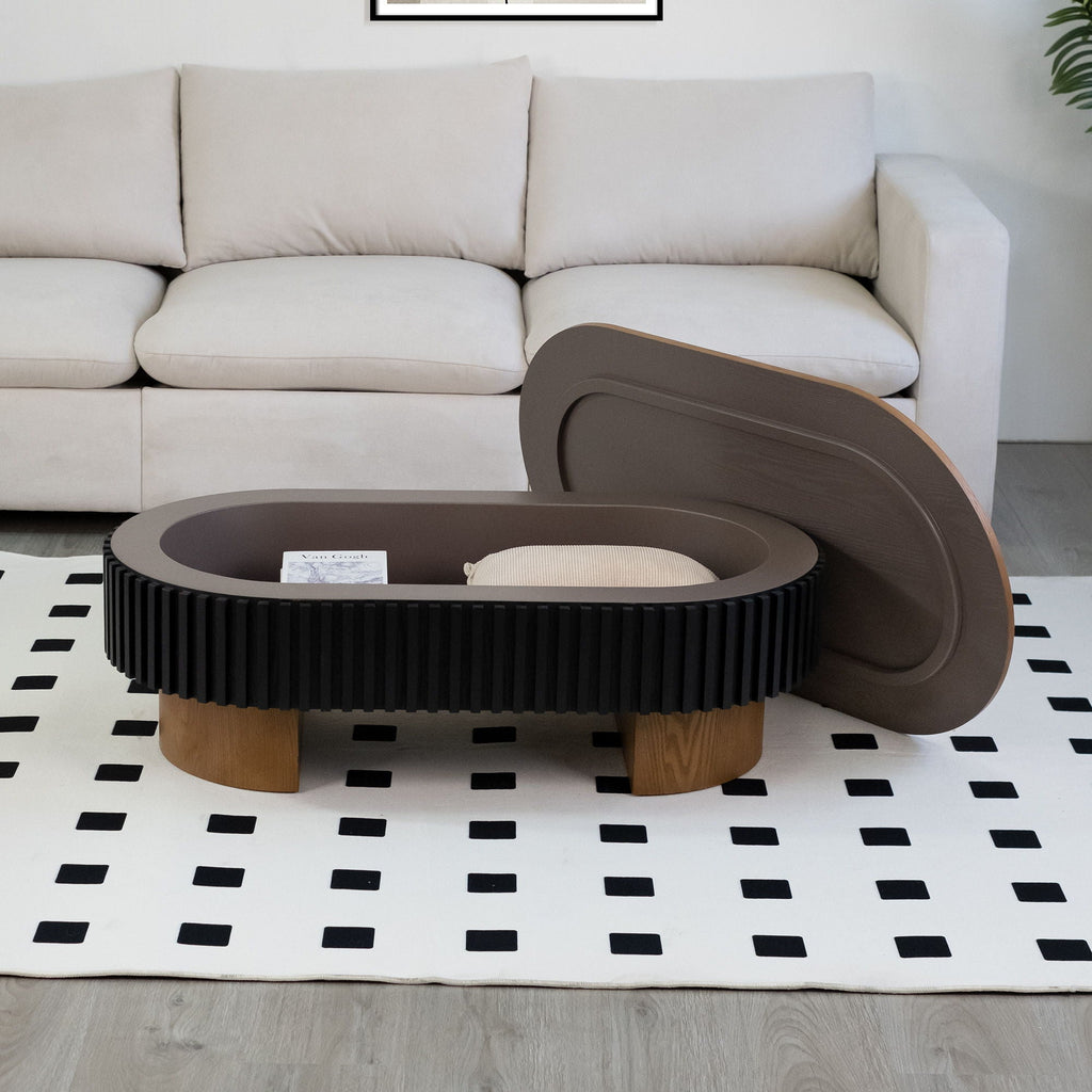 Elliptical Living Room Coffee Table With Hidden Storage And Removable Tabletop